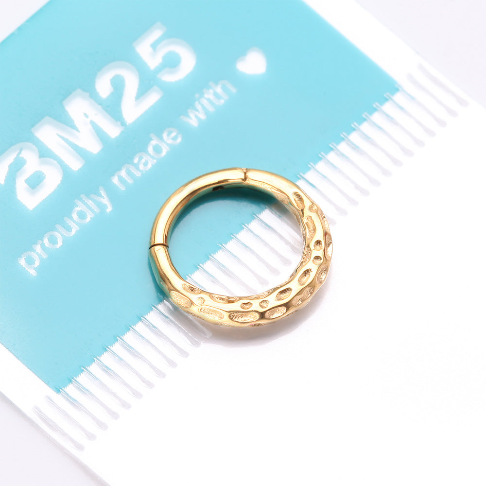 Detail View 4 of Golden Classic Hammered Texture Steel Clicker Hoop Ring