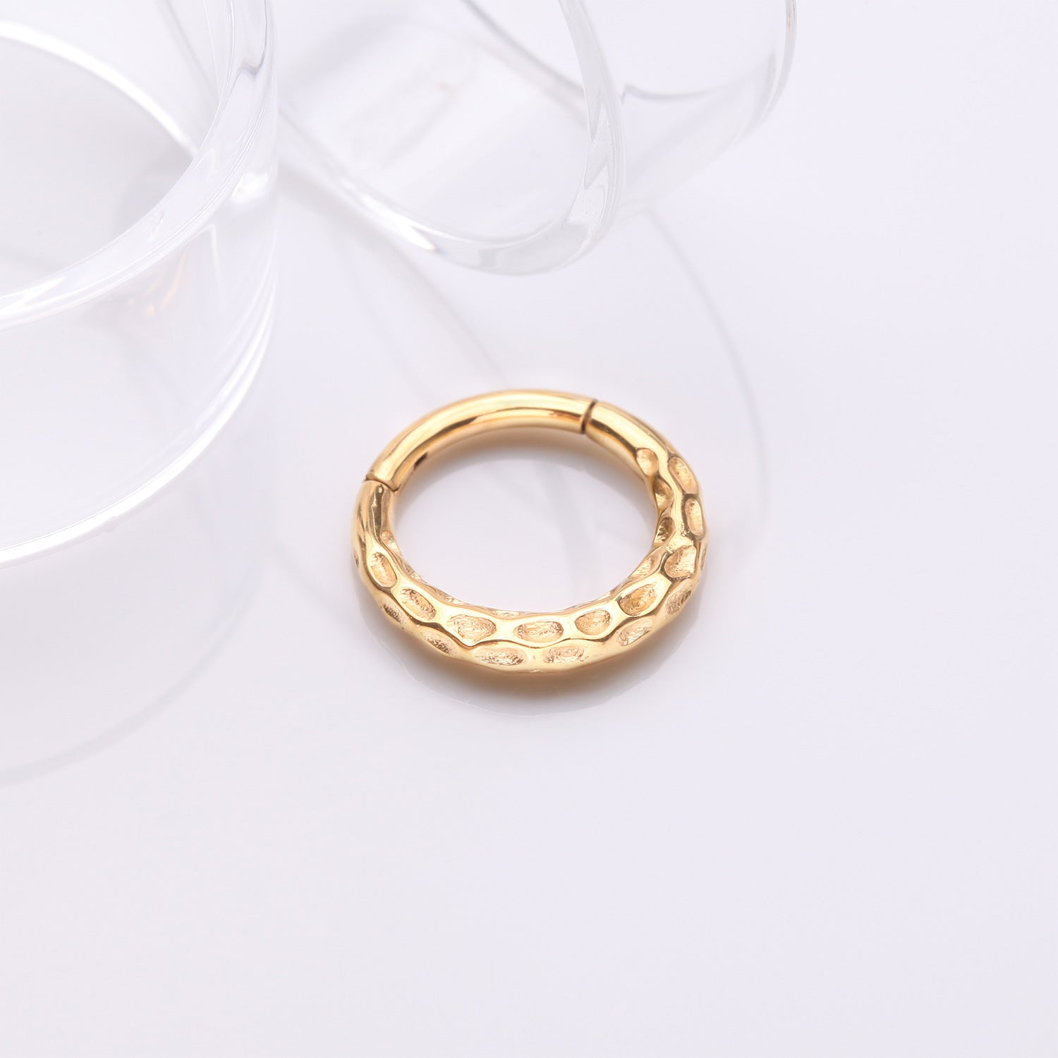 Detail View 1 of Golden Classic Hammered Texture Steel Clicker Hoop Ring