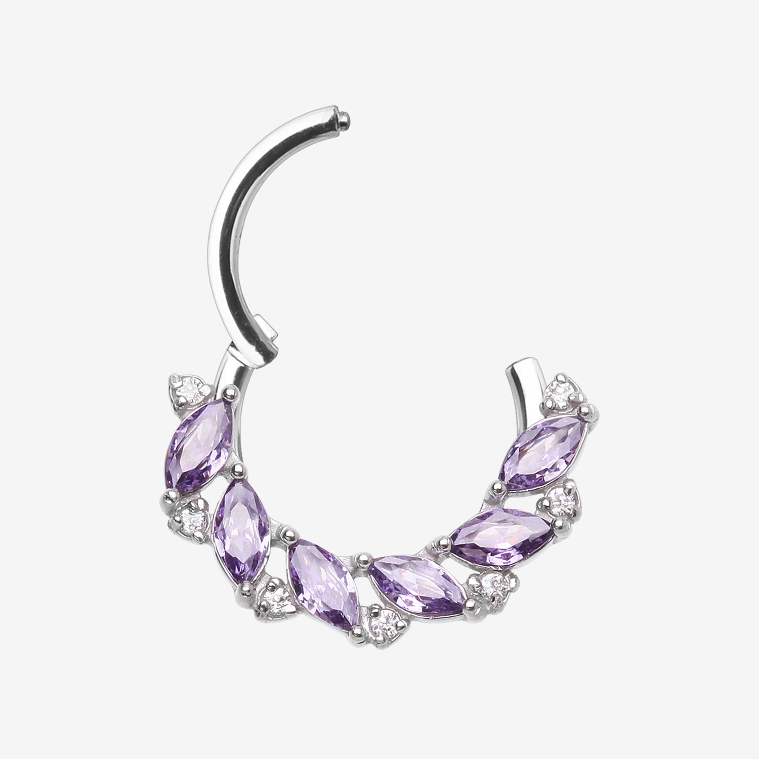 Detail View 1 of Brilliant Sparkle Marquise Floral Wreath Clicker Hoop Ring-Amethyst/Clear Gem