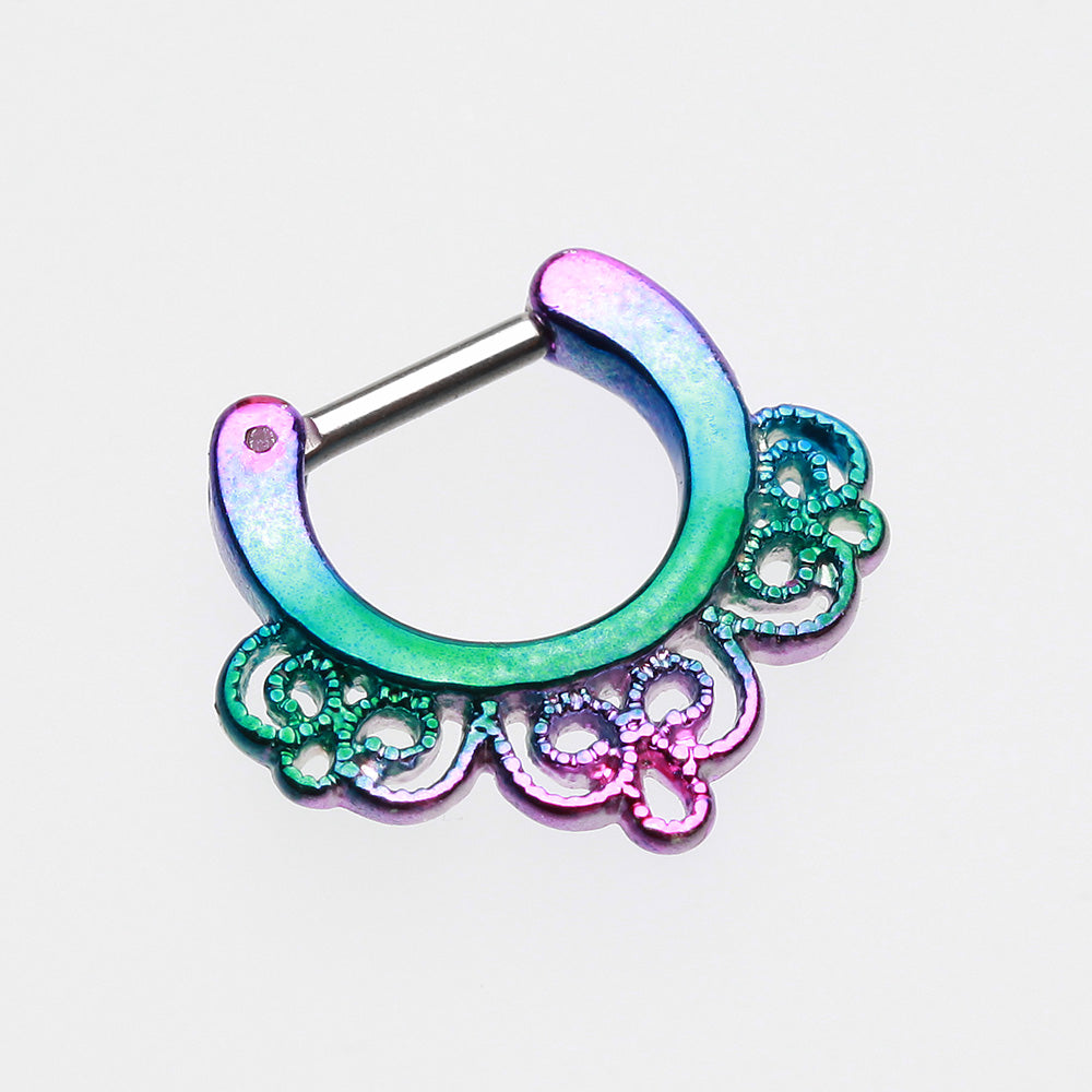 Detail View 2 of Rainbow Florid Filigree Septum Clicker-Rainbow