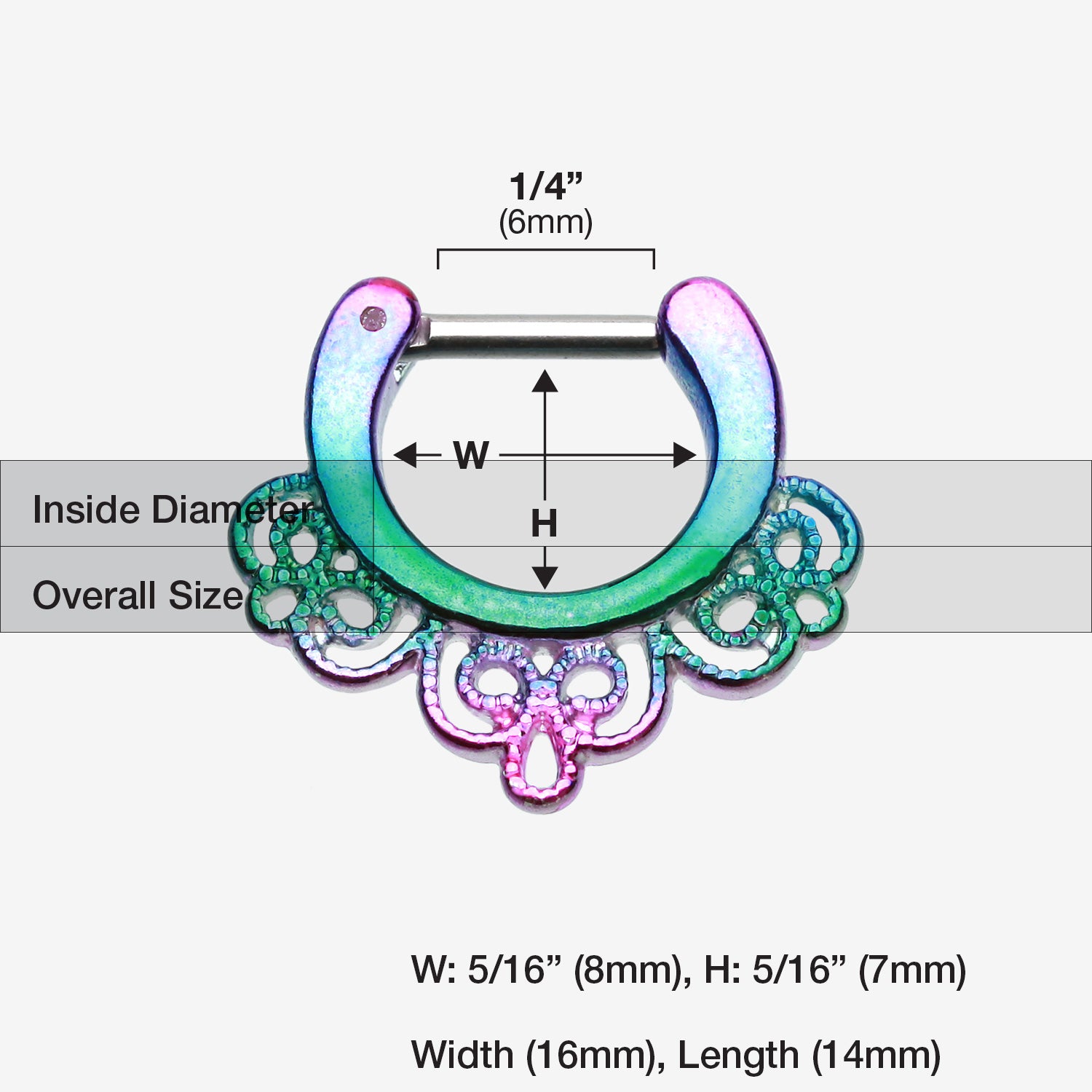 Detail View 1 of Rainbow Florid Filigree Septum Clicker-Rainbow