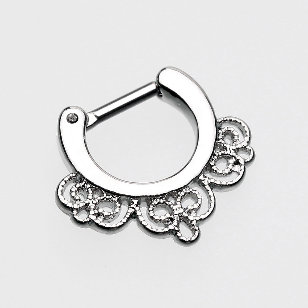 Detail View 2 of Florid Filigree Septum Clicker-Steel