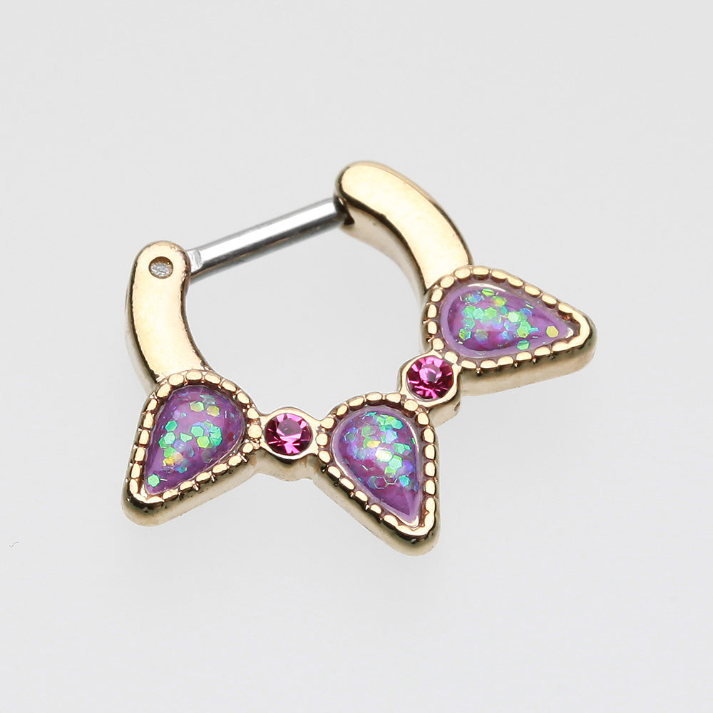 Detail View 2 of Golden Opal Sparkle Trident Septum Clicker-Purple