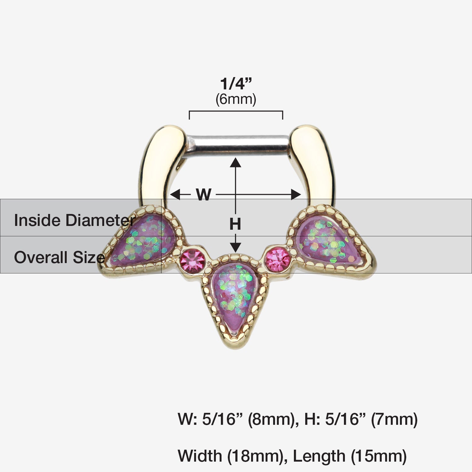 Detail View 1 of Golden Opal Sparkle Trident Septum Clicker-Purple