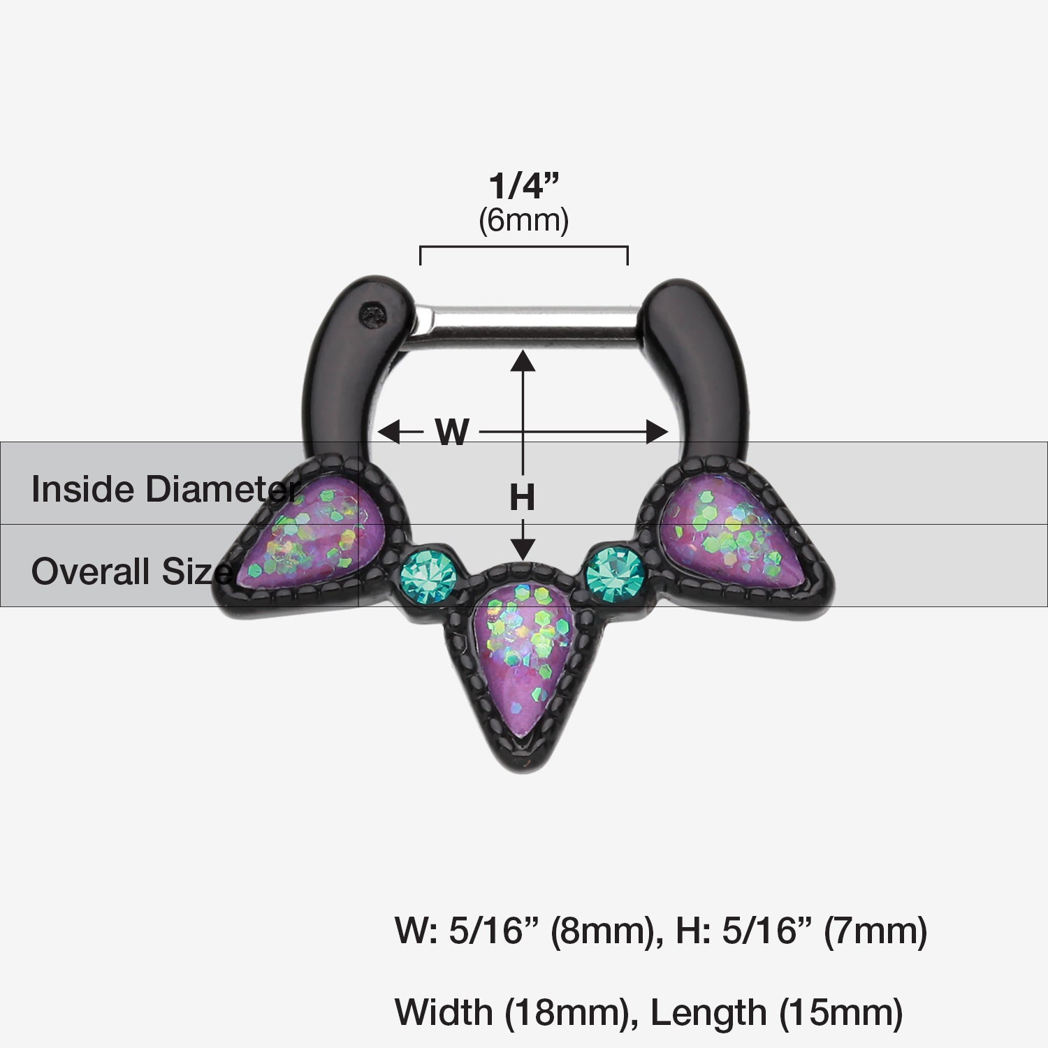 Detail View 1 of Colorline Opal Sparkle Trident Septum Clicker-Black/Teal