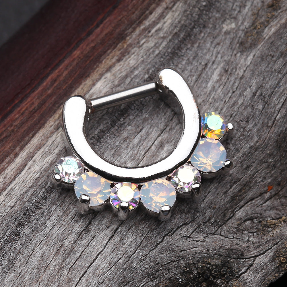 Detail View 4 of Opalite Sparkle Deuce Septum Clicker Ring-Aurora Borealis/White
