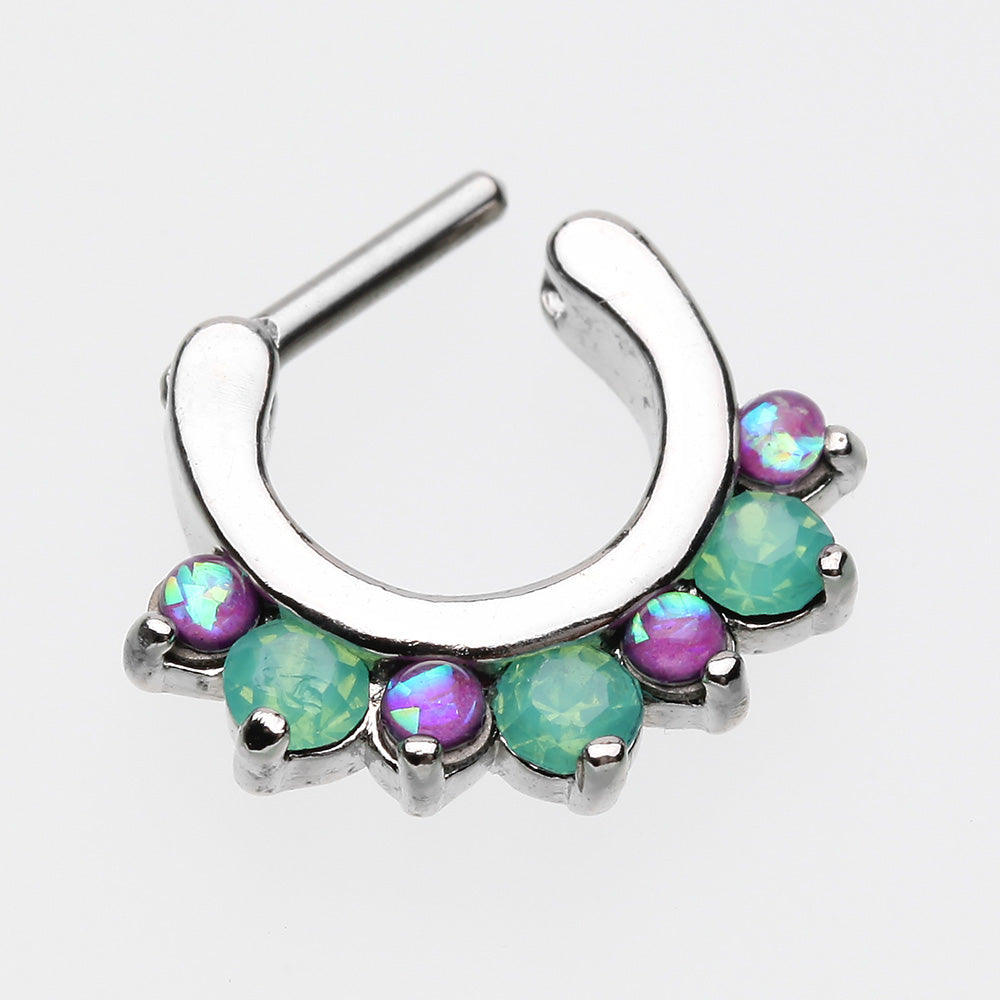 Detail View 3 of Opal Sparkle Deuce Septum Clicker Ring-Green/Purple