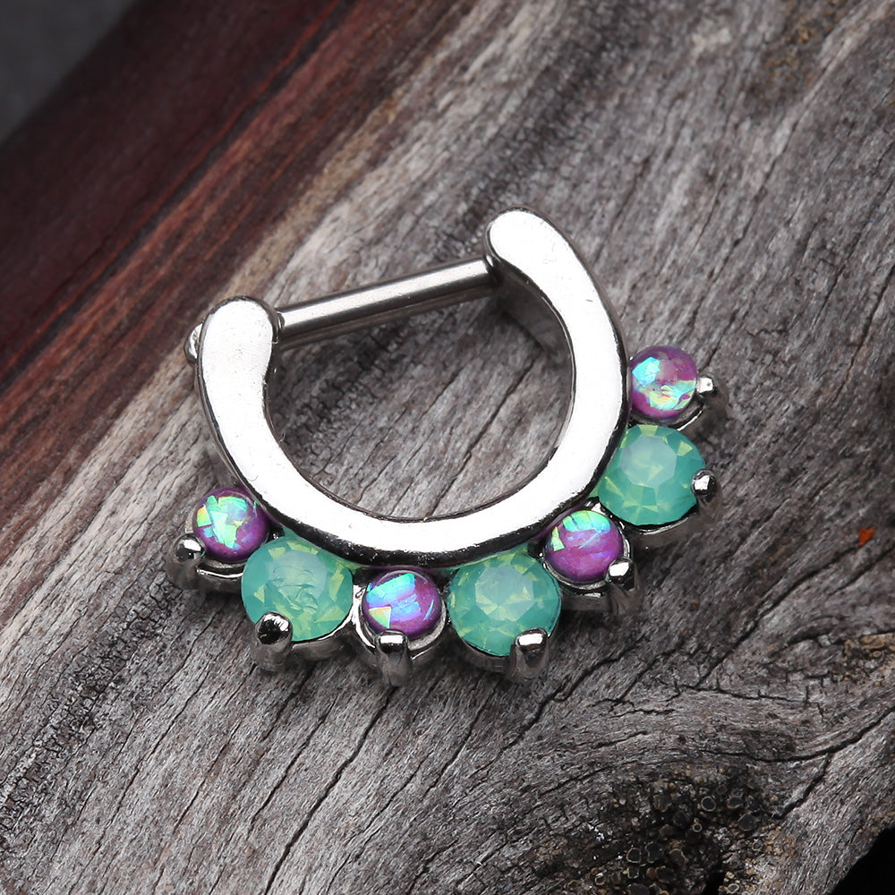 Detail View 4 of Opal Sparkle Deuce Septum Clicker Ring-Green/Purple
