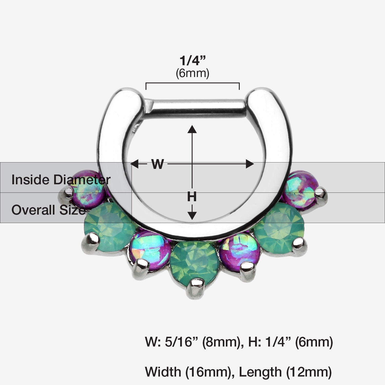 Detail View 1 of Opal Sparkle Deuce Septum Clicker Ring-Green/Purple
