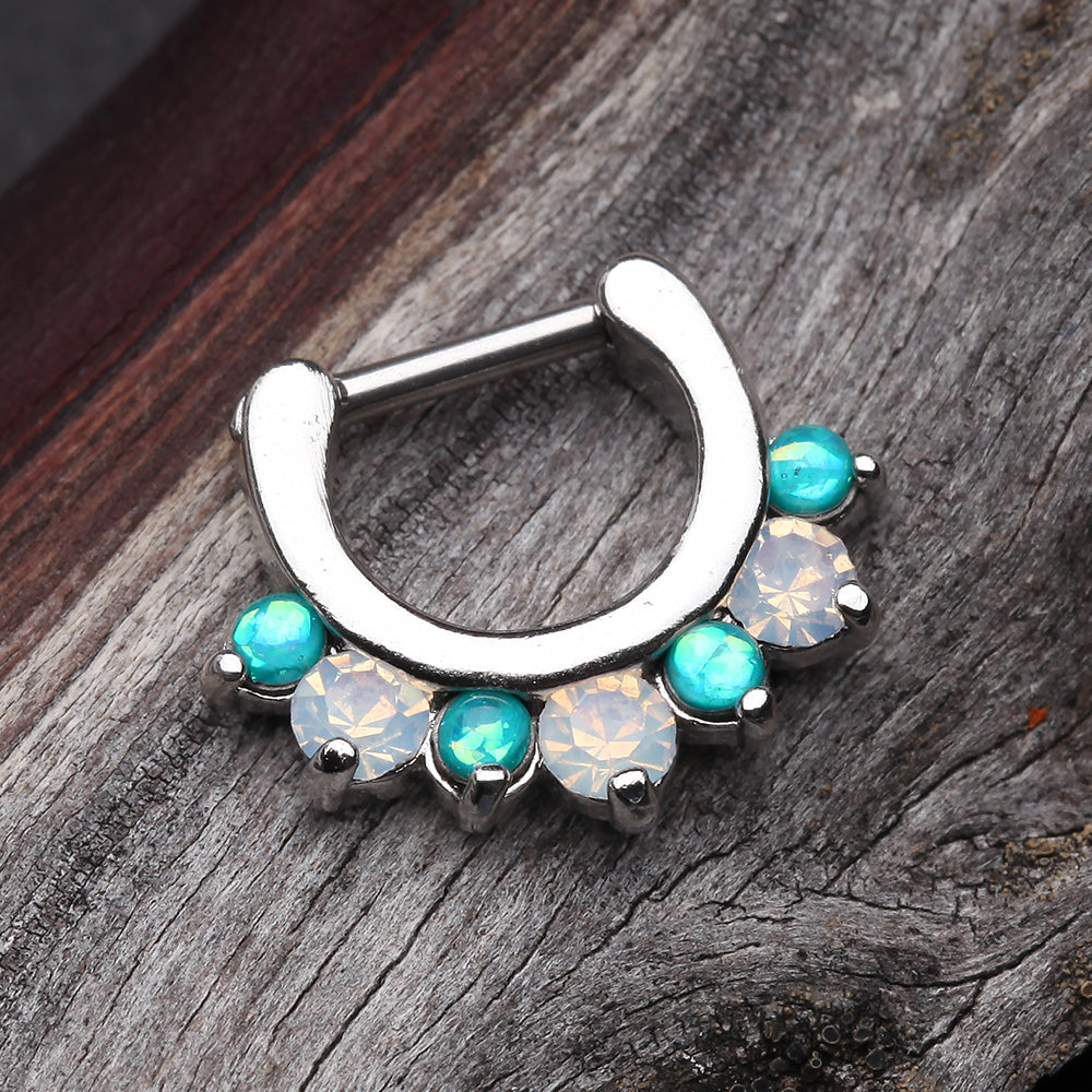 Detail View 4 of Opal Sparkle Deuce Septum Clicker Ring-Teal/White