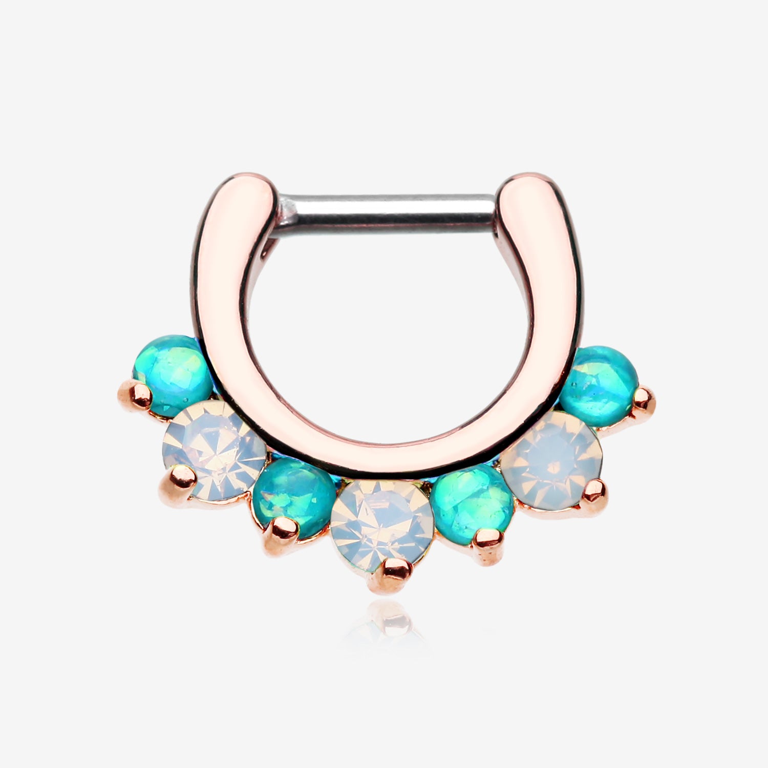 Rose Gold Opal Sparkle Deuce Septum Clicker Ring-Teal/White