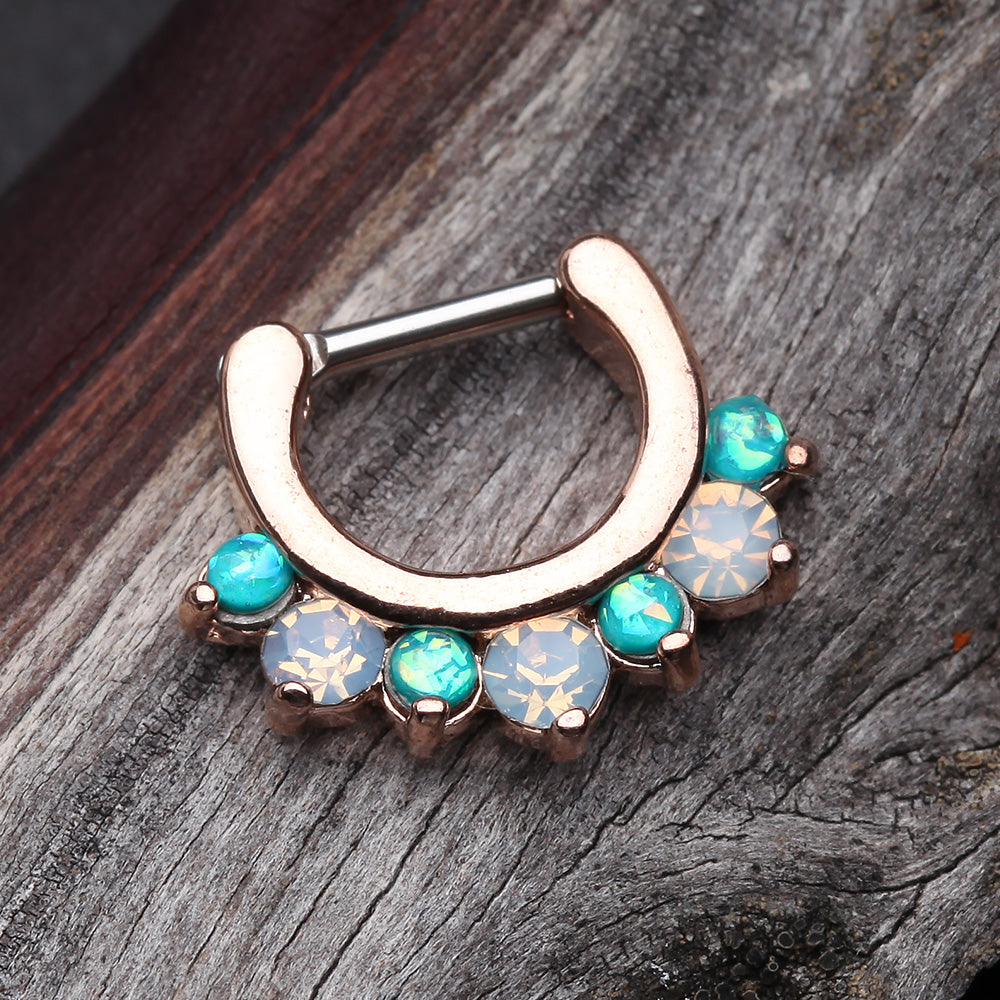Detail View 4 of Rose Gold Opal Sparkle Deuce Septum Clicker Ring-Teal/White