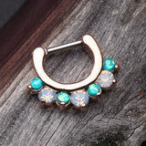 Detail View 4 of Rose Gold Opal Sparkle Deuce Septum Clicker Ring-Teal/White