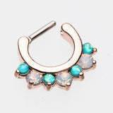 Detail View 3 of Rose Gold Opal Sparkle Deuce Septum Clicker Ring-Teal/White