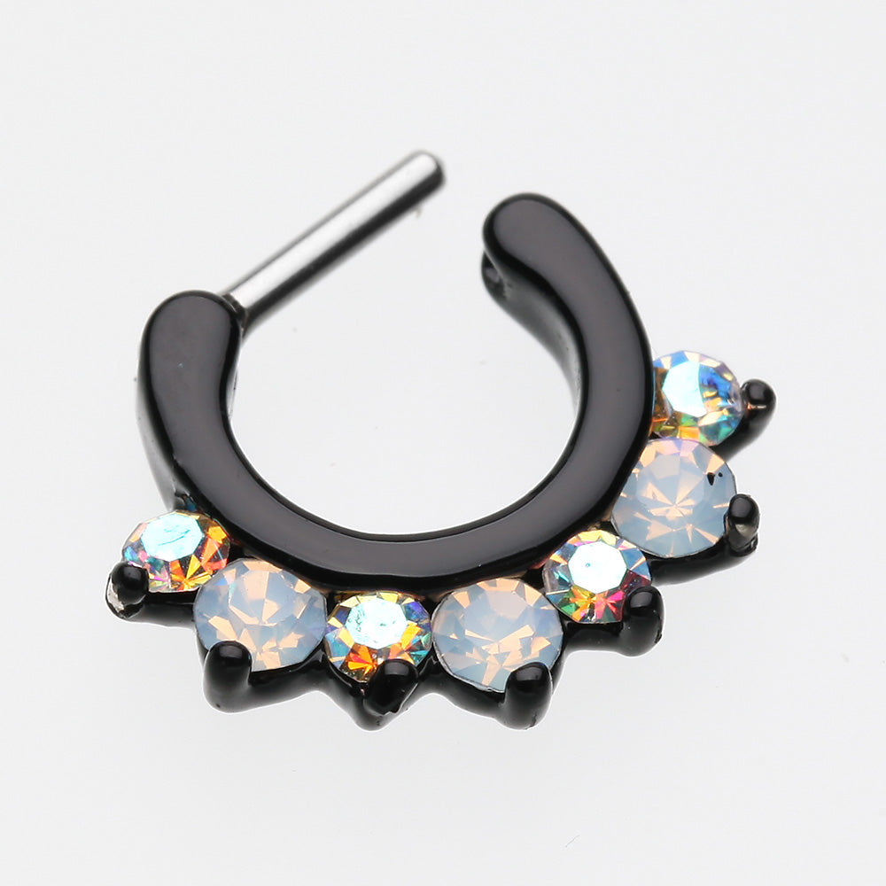 Detail View 3 of Blackline Opalite Sparkle Deuce Septum Clicker Ring-Black/Aurora Borealis/White