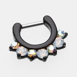 Detail View 2 of Blackline Opalite Sparkle Deuce Septum Clicker Ring-Black/Aurora Borealis/White