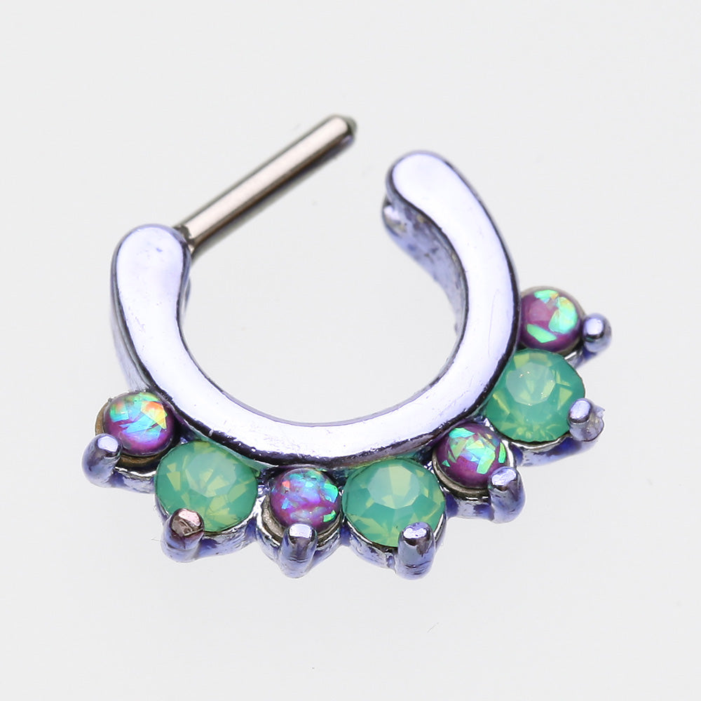 Detail View 3 of Colorline Opal Sparkle Deuce Septum Clicker Ring-Purple/Green/Purple