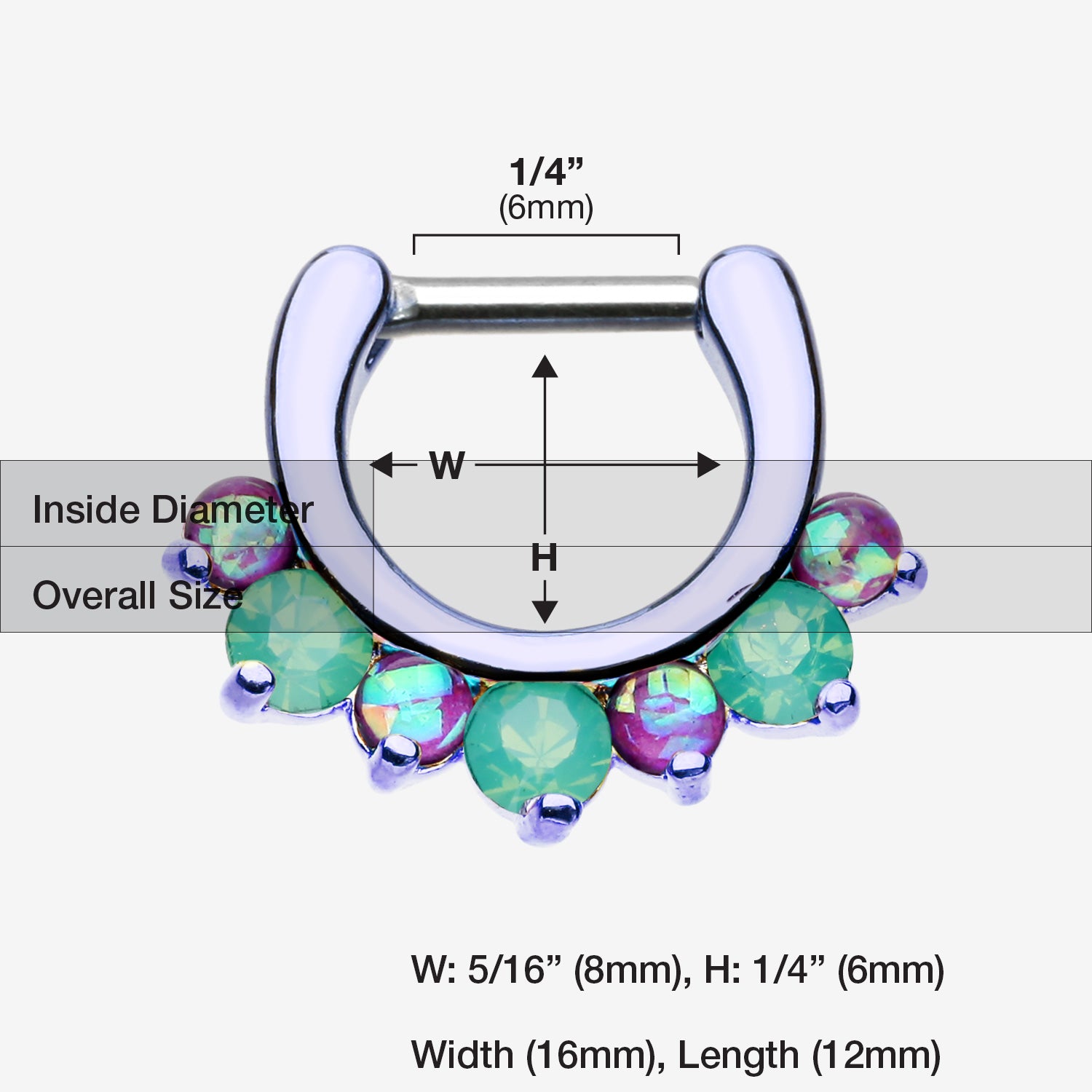 Detail View 1 of Colorline Opal Sparkle Deuce Septum Clicker Ring-Purple/Green/Purple