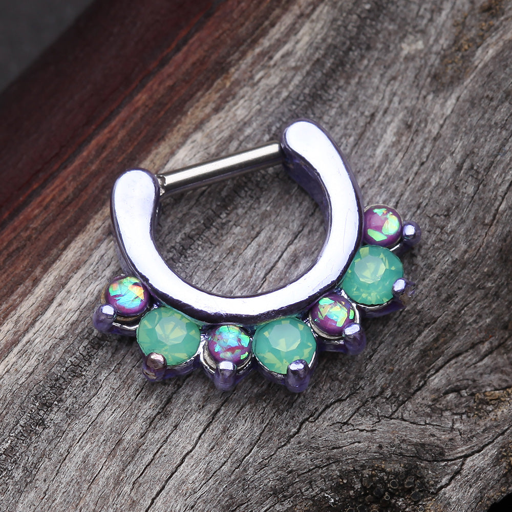Detail View 4 of Colorline Opal Sparkle Deuce Septum Clicker Ring-Purple/Green/Purple