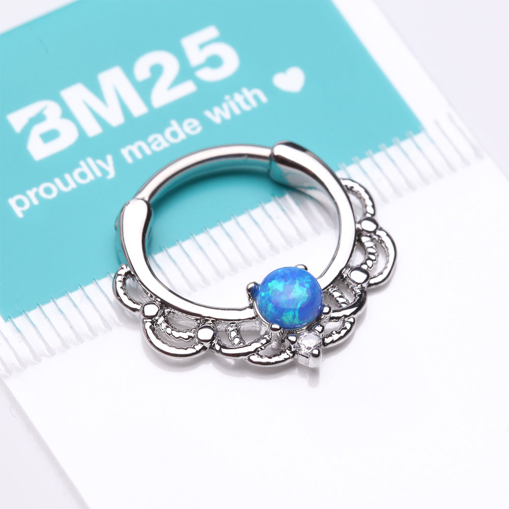 Detail View 3 of Fire Opal Sparkle Turan Clicker Hoop Ring-Blue Opal