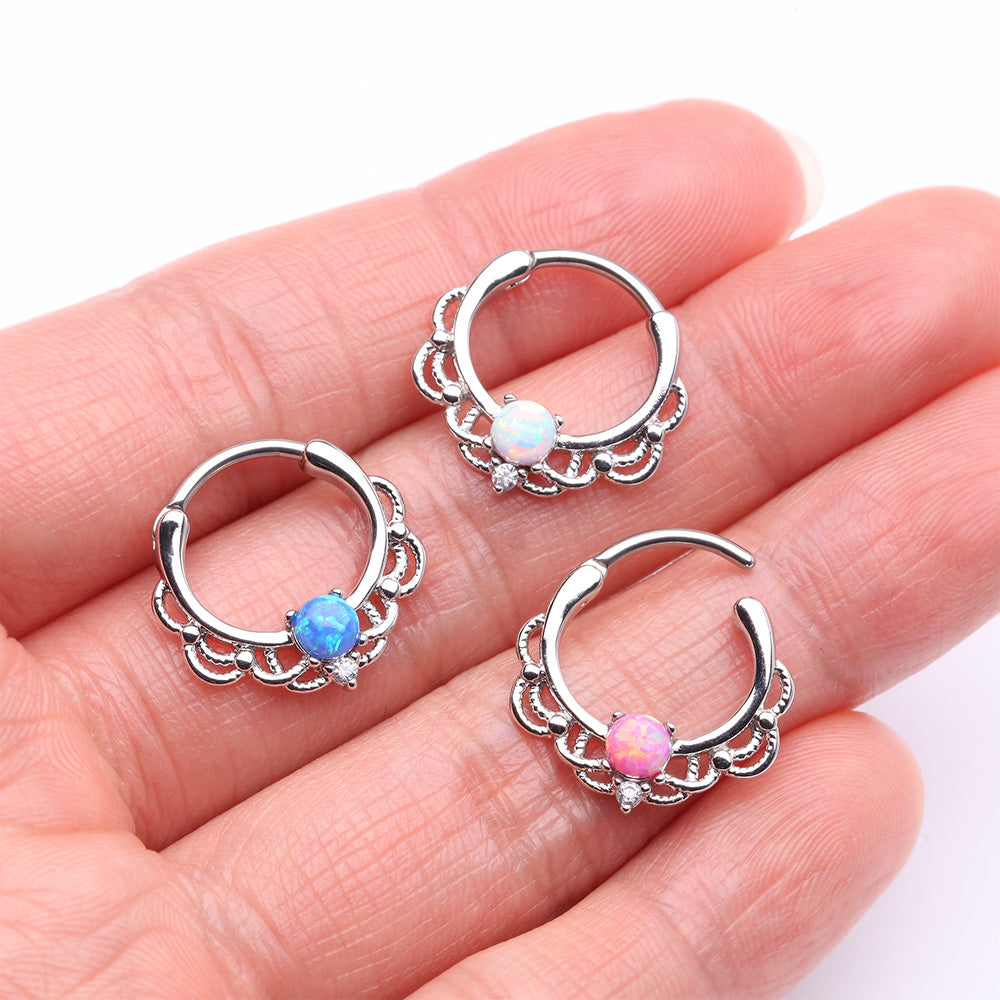 Detail View 2 of Fire Opal Sparkle Turan Clicker Hoop Ring-Blue Opal