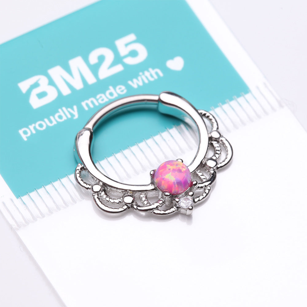 Detail View 3 of Fire Opal Sparkle Turan Clicker Hoop Ring-Pink Opal