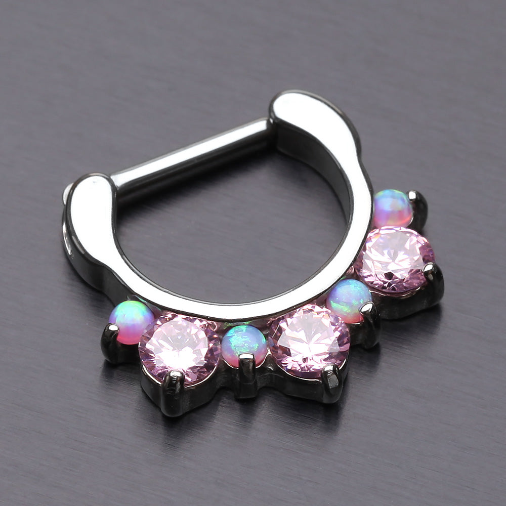 Detail View 2 of Fire Opal Multi Gem Sparkle Deuce Septum Clicker-Pink