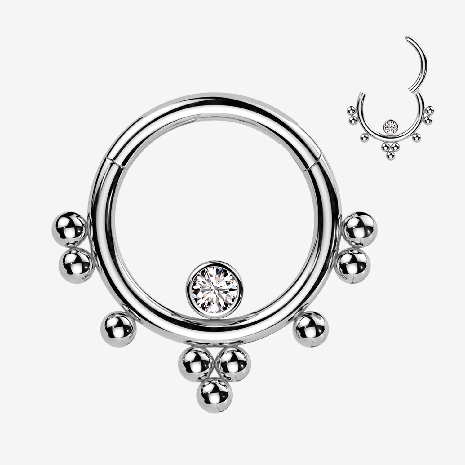 Ornate Bali Beads Sparkle Clicker Hoop Ring-Clear Gem