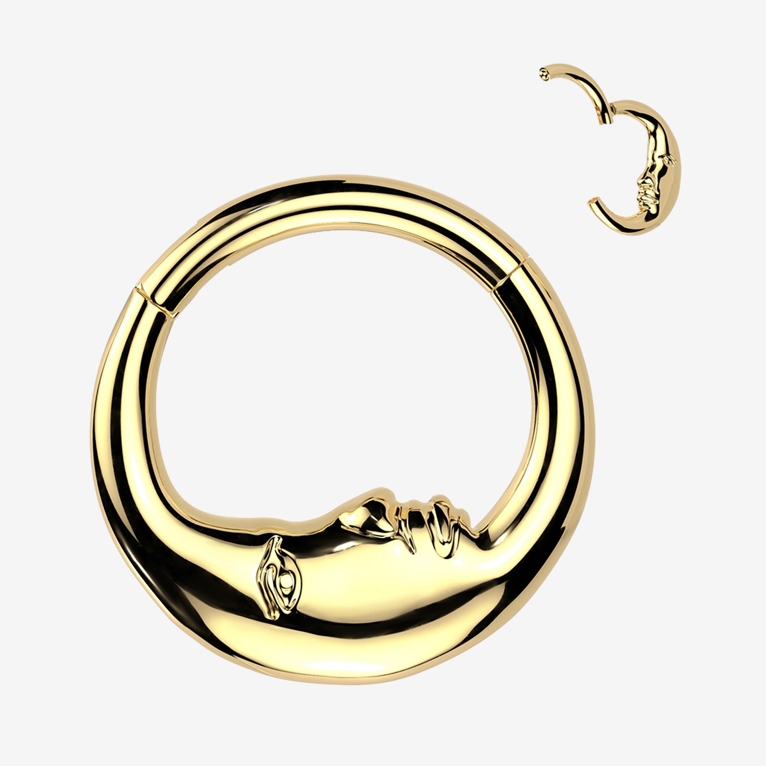 Golden Crescent Moon Face Clicker Hoop Ring