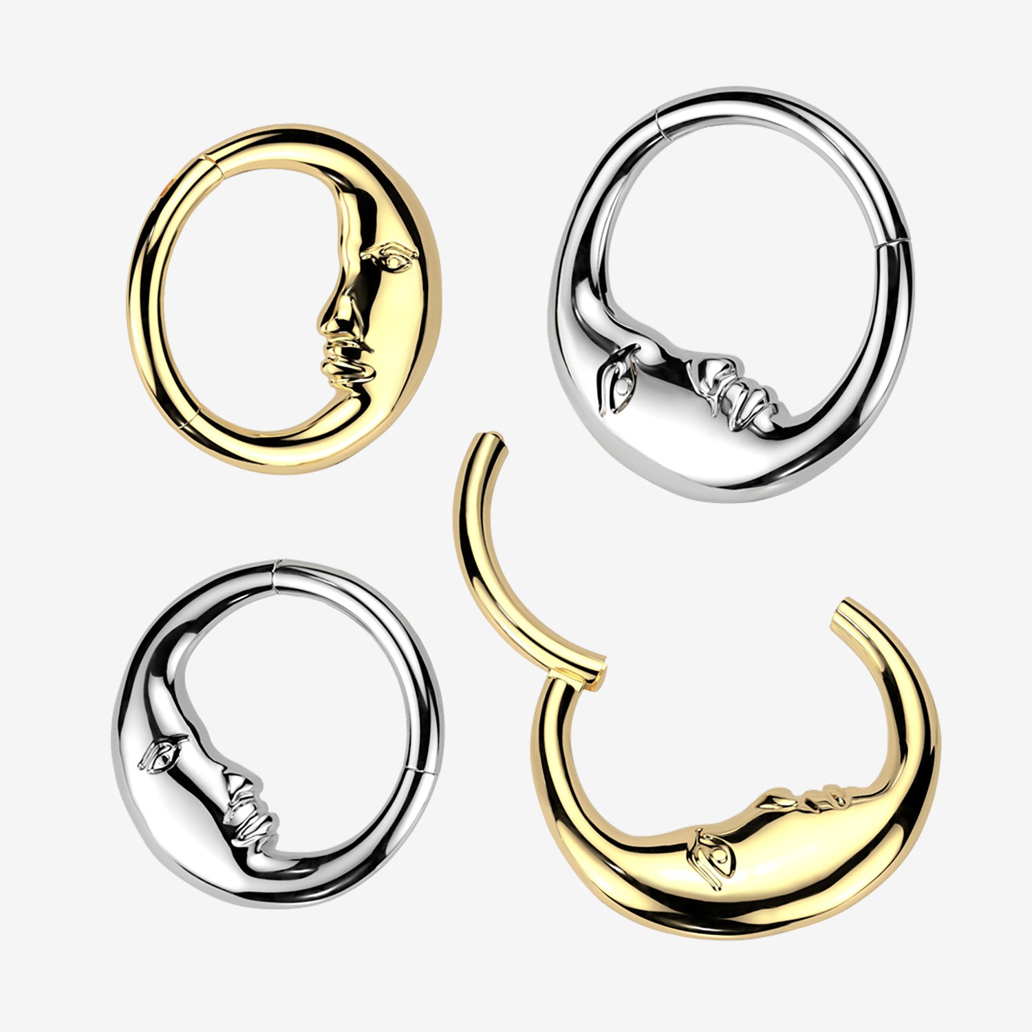 Detail View 1 of Golden Crescent Moon Face Clicker Hoop Ring