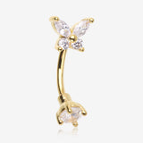 Golden Brilliant Sparkle Butterfly Prong Gem Top Curved Barbell