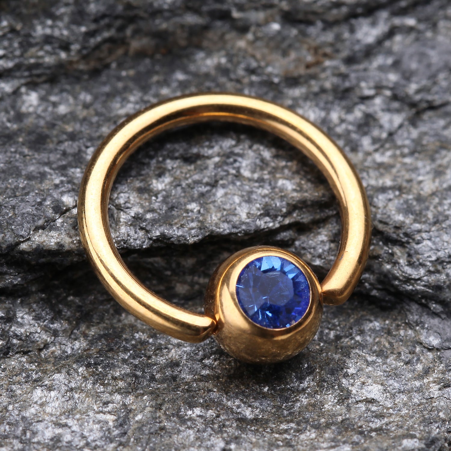 Detail View 1 of Gold Plated Gem Ball Captive Bead Ring-Blue
