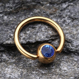 Detail View 1 of Gold Plated Gem Ball Captive Bead Ring-Blue