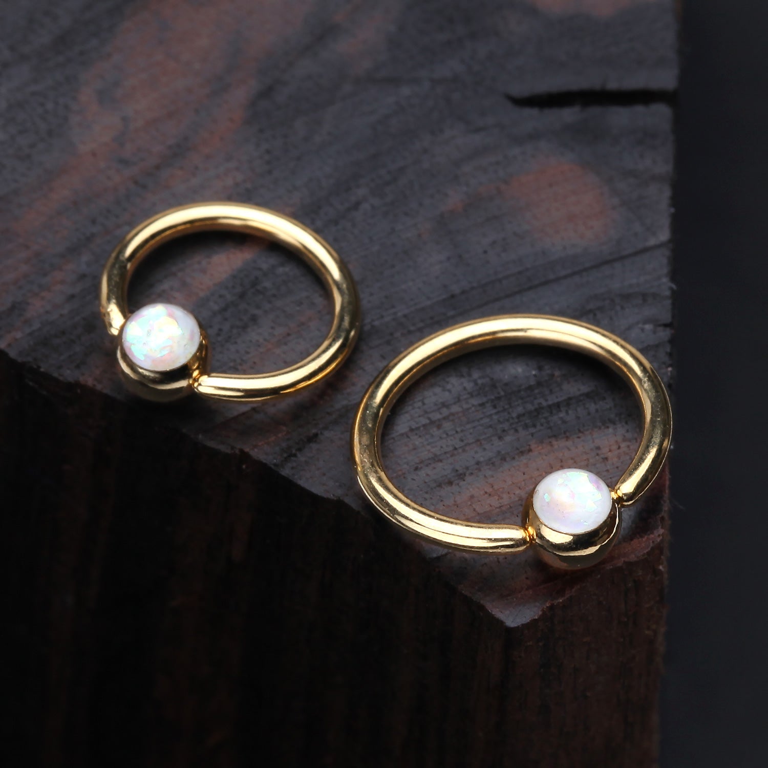 Detail View 1 of Golden Opalescent Sparkle Captive Bead Ring-White