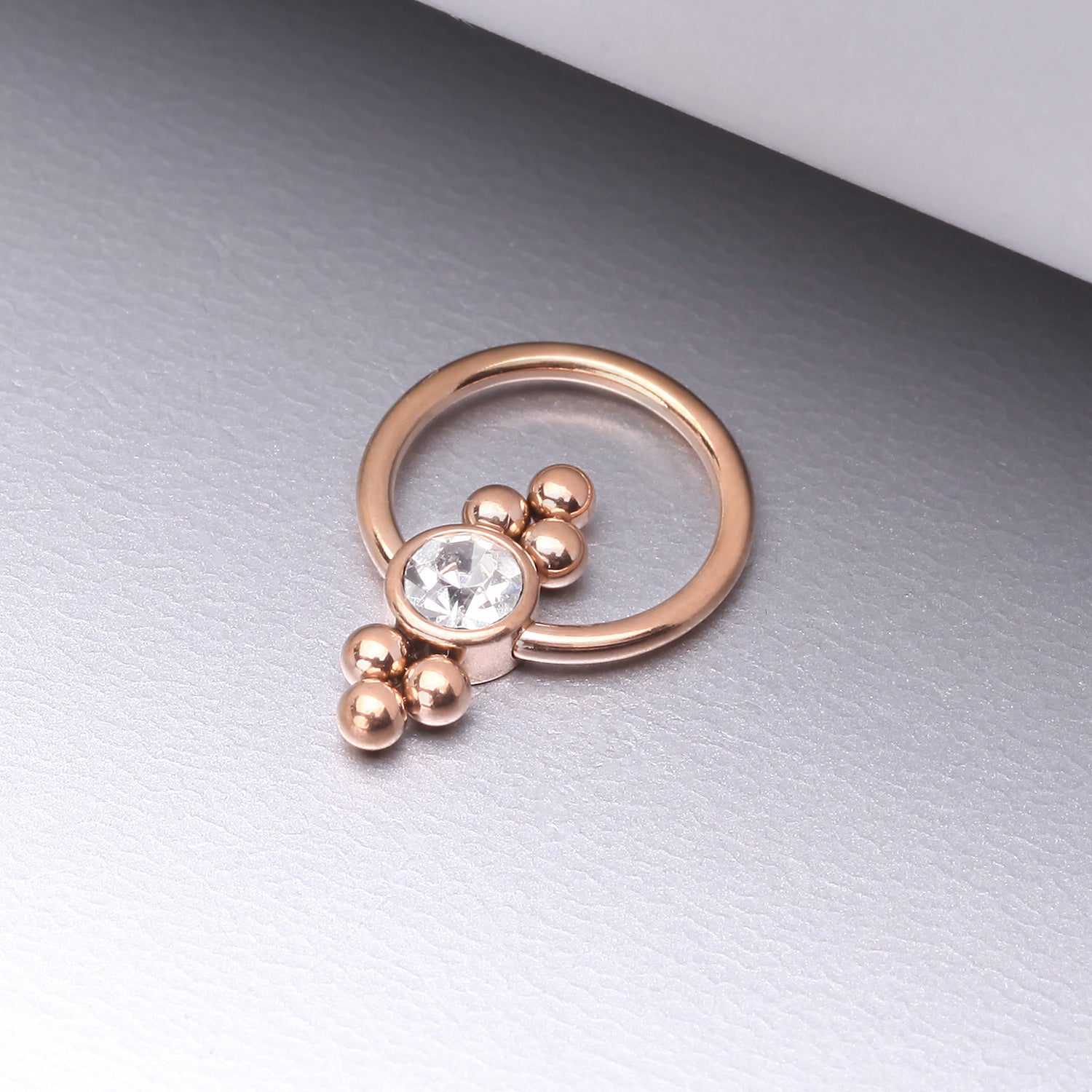 Detail View 1 of Rose Gold Royal Bali Essence Beaded Steel Captive Bead Ring-Clear Gem