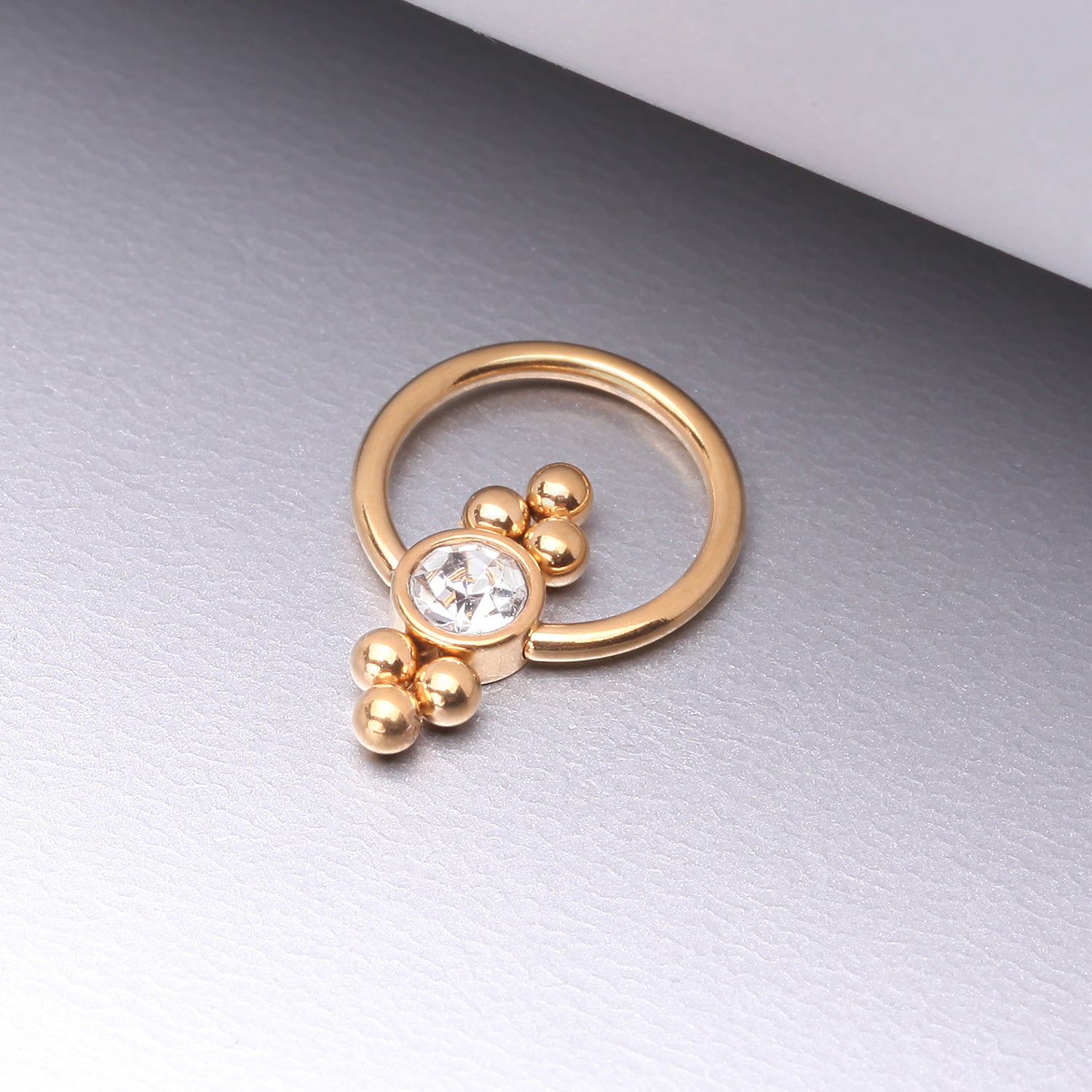 Detail View 1 of Golden Royal Bali Essence Beaded Steel Captive Bead Ring-Clear Gem