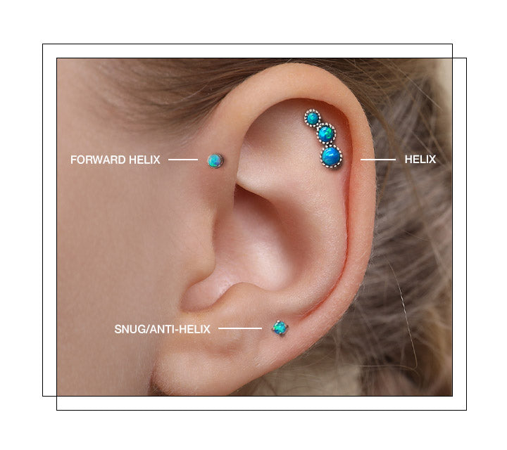 Located on the upper part of the ear’s cartilage. Similar to a flat piercing, but closer to the edge of the ear. Commonly known as a cartilage piercing. There are several variations including the forward helix, double helix, triple helix, and anti-helix (snug) piercings that differentiates the type where they’re located on the ear. Because of the plethora of placement choices, you can get creative with your ear curation.
