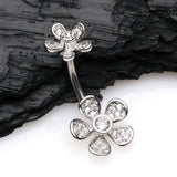 Detail View 2 of Wild Flower Sparkle Internally Threaded Belly Button Ring-Clear Gem