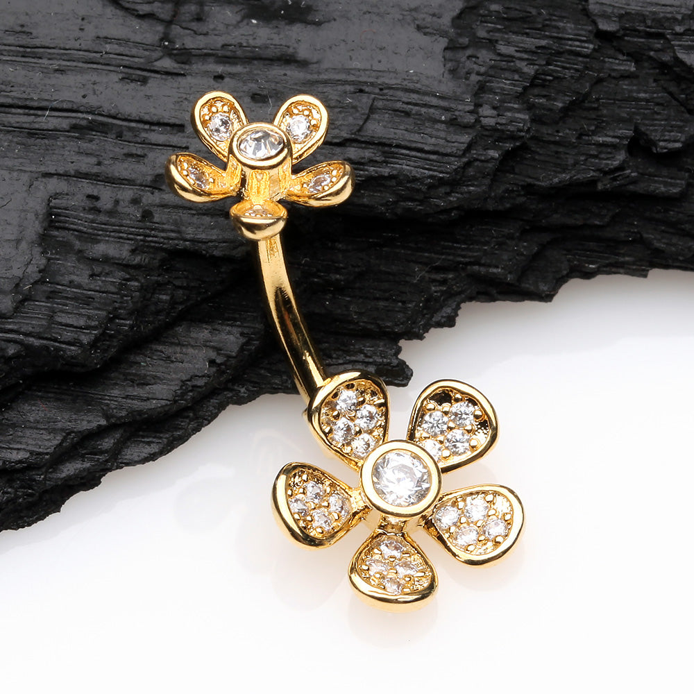 Detail View 2 of Golden Wild Flower Sparkle Internally Threaded Belly Button Ring-Clear Gem