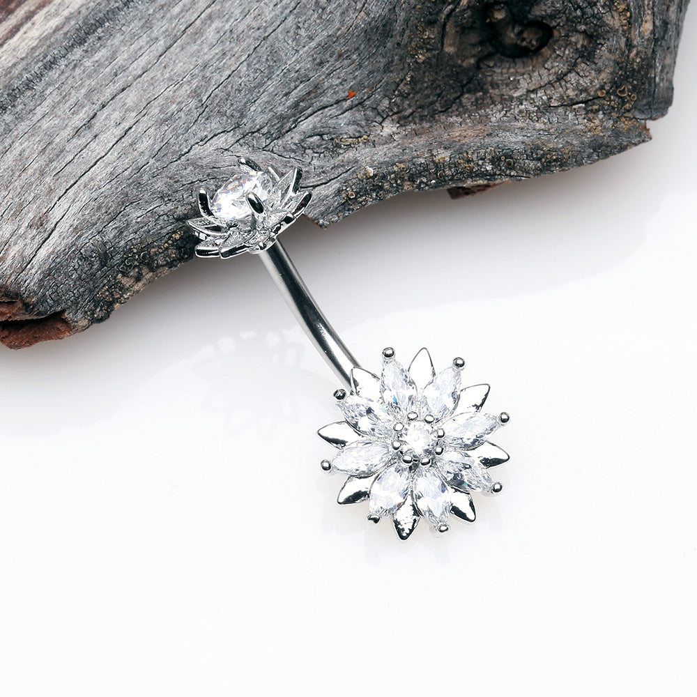 Detail View 2 of Marquise Sparkle Flower Internally Threaded Belly Button Ring-Clear Gem