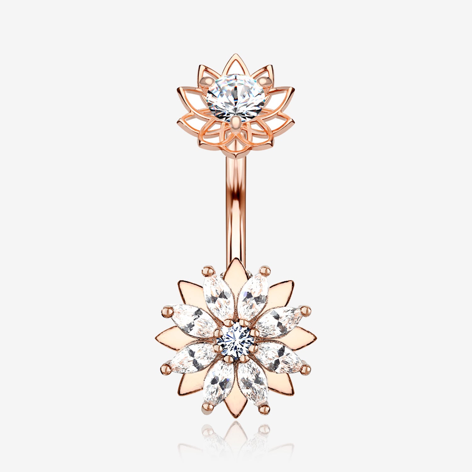 Rose Gold Marquise Sparkle Flower Internally Threaded Belly Button Ring-Clear Gem