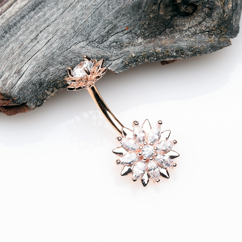 Detail View 2 of Rose Gold Marquise Sparkle Flower Internally Threaded Belly Button Ring-Clear Gem