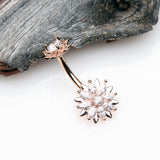 Detail View 2 of Rose Gold Marquise Sparkle Flower Internally Threaded Belly Button Ring-Clear Gem