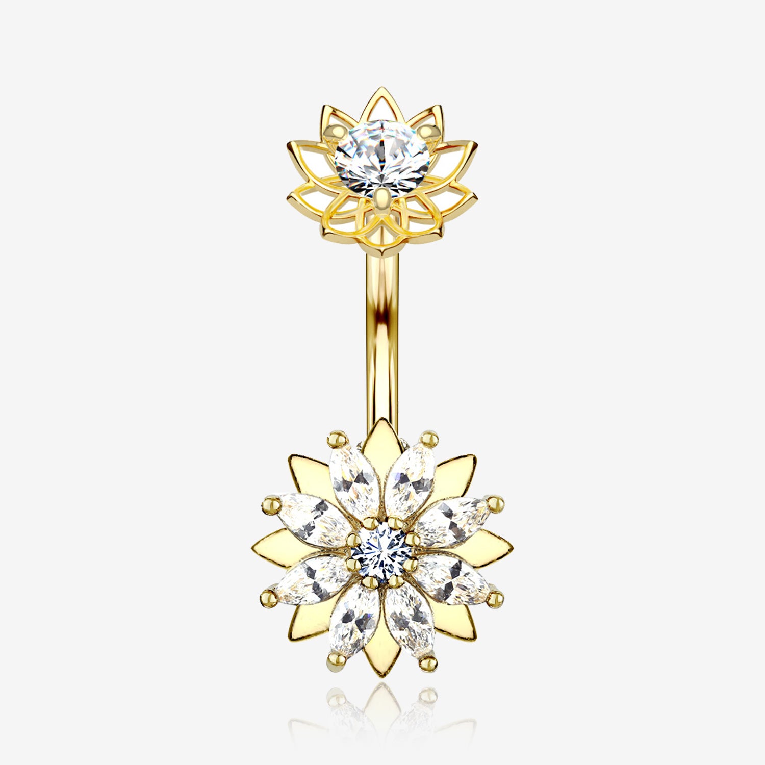 Golden Marquise Sparkle Flower Internally Threaded Belly Button Ring-Clear Gem