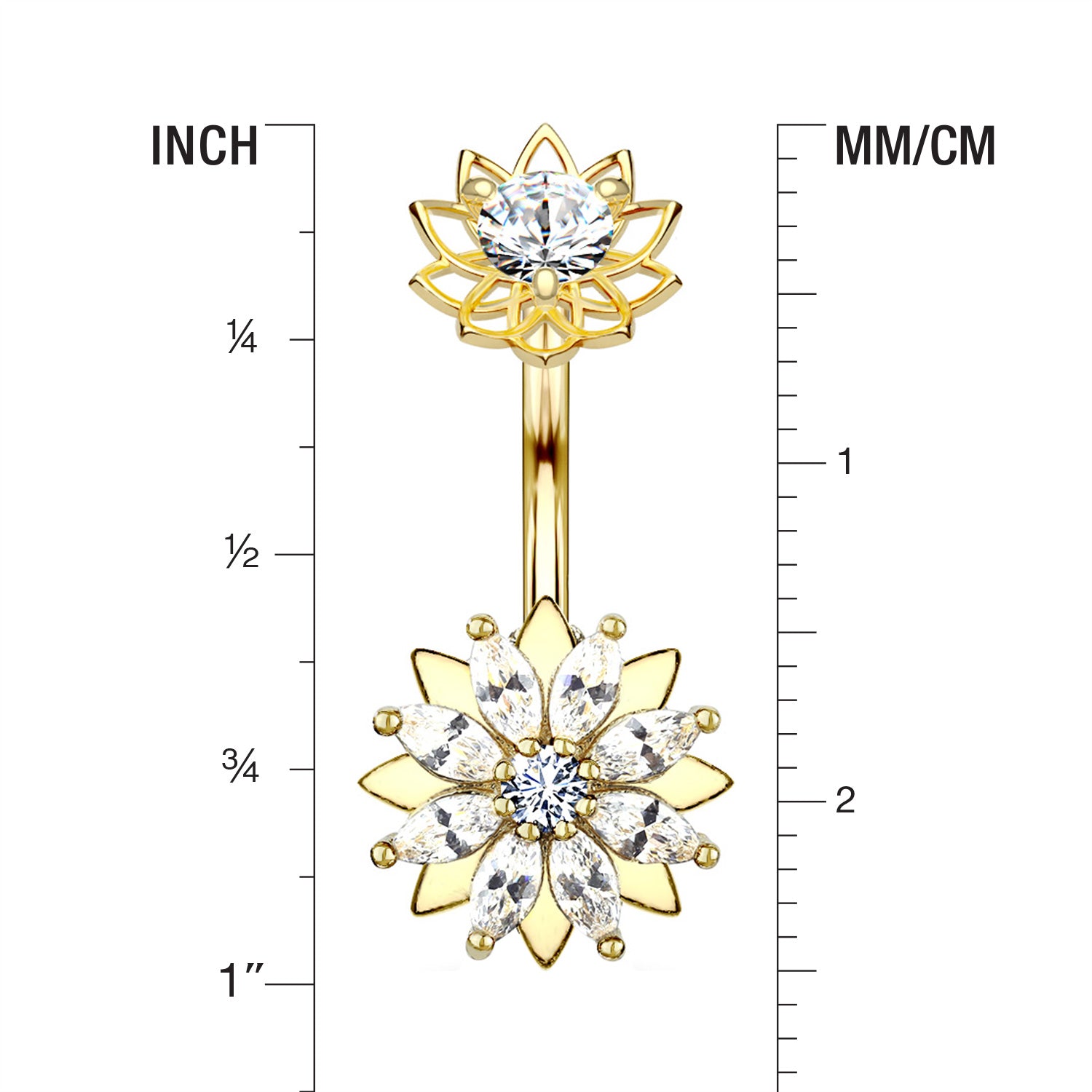 Detail View 1 of Golden Marquise Sparkle Flower Internally Threaded Belly Button Ring-Clear Gem