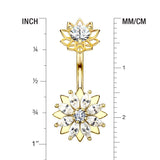 Detail View 1 of Golden Marquise Sparkle Flower Internally Threaded Belly Button Ring-Clear Gem