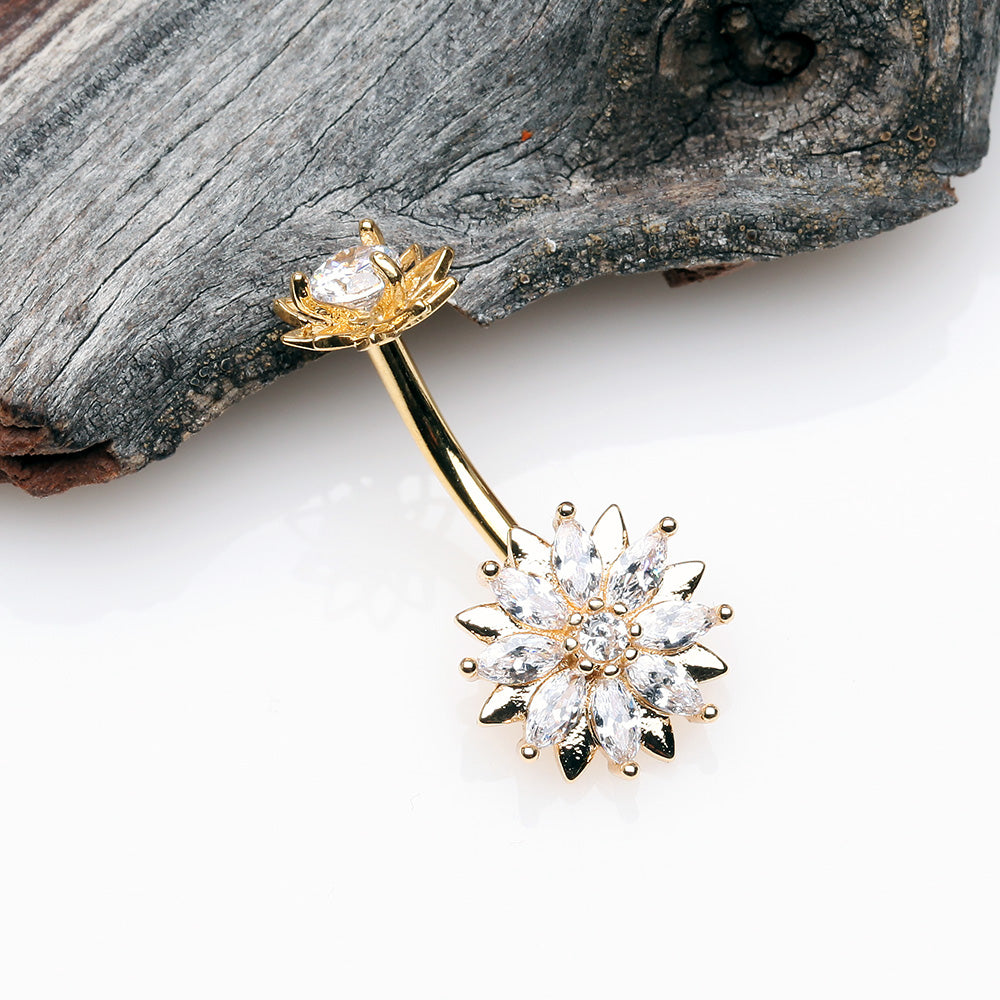 Detail View 2 of Golden Marquise Sparkle Flower Internally Threaded Belly Button Ring-Clear Gem