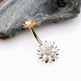 Detail View 2 of Golden Marquise Sparkle Flower Internally Threaded Belly Button Ring-Clear Gem