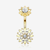 Golden Marquise Sparkle Flower Internally Threaded Belly Button Ring