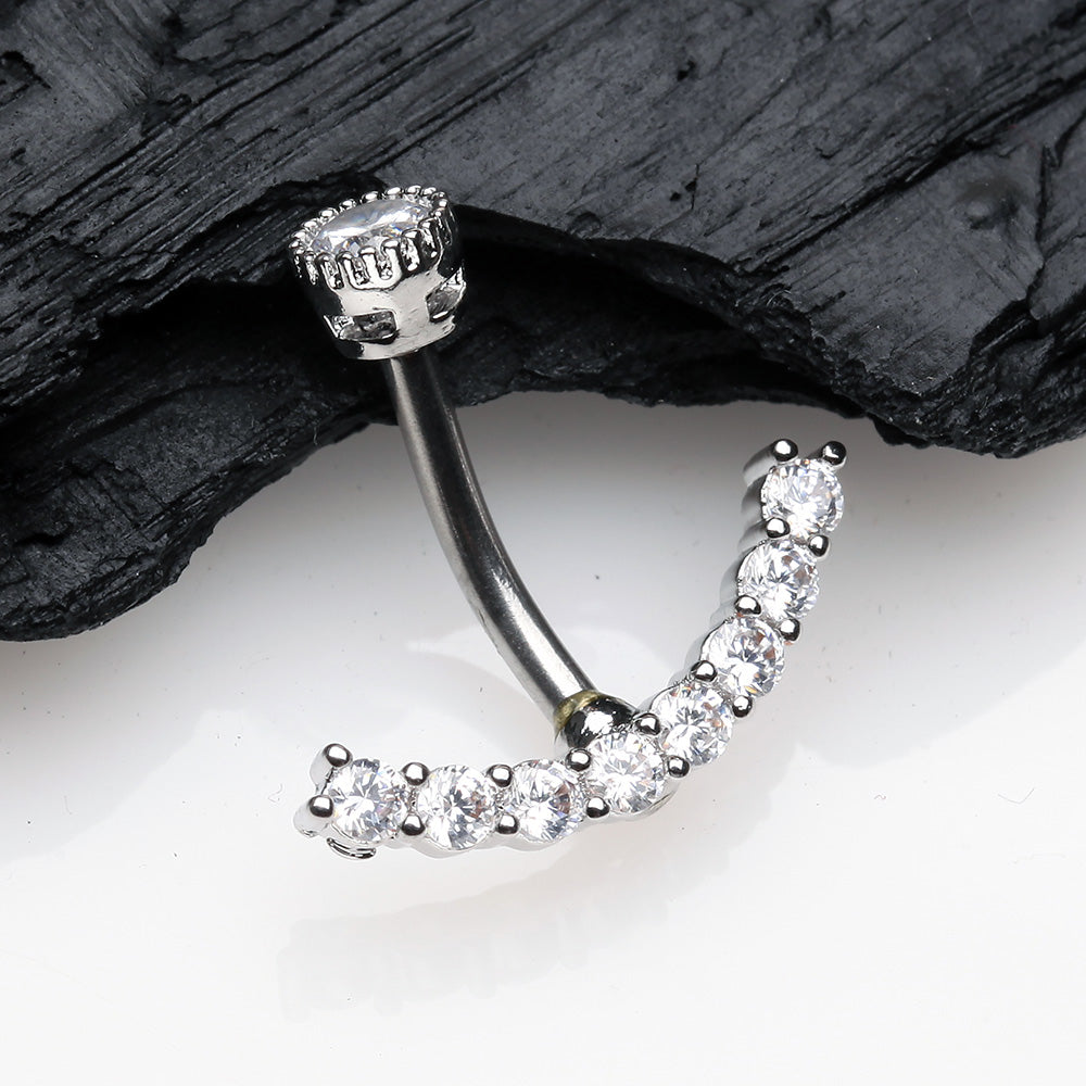 Detail View 2 of Curve Accent Sparkle Internally Threaded Belly Button Ring-Clear Gem